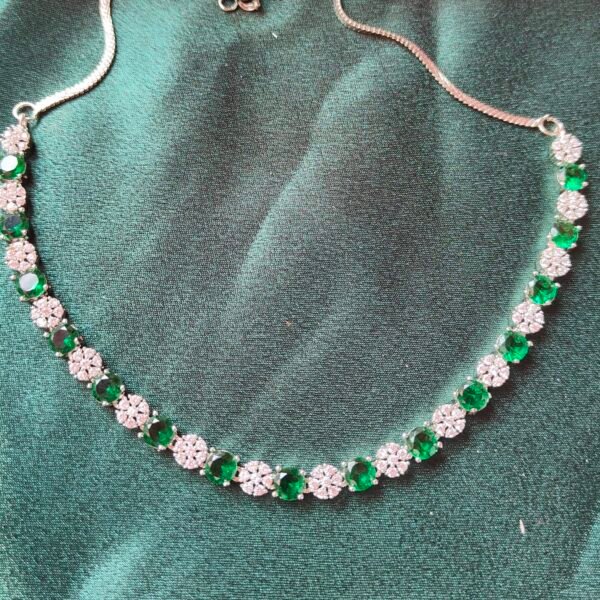 Silver finish Green with White diamond stone necklace
